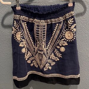 Navy Blue Linen Johnny Was Skirt with Cream Embroidery